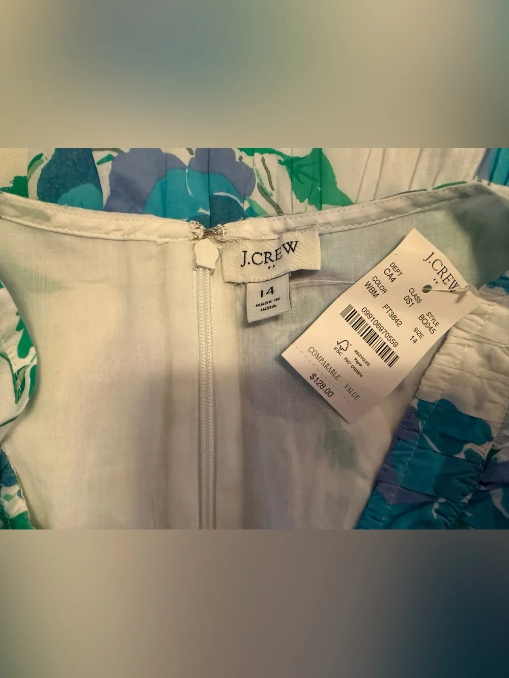 J Crew Sleeveless White Floral Midi Zipper Dress Blue Flowers Pockets NWT Sz 14